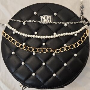 Badgley Mischka Black Quilted Mini Bag with Pearl and Gold Chain